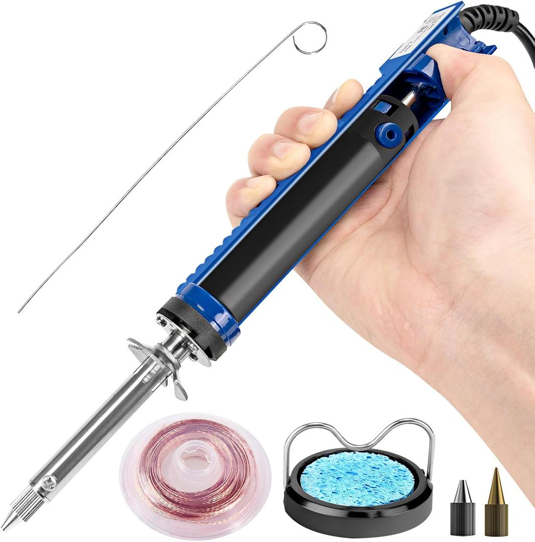 K KERNOWO 929D-V Electric Desoldering Soldering Iron Sucker  Desoldering Pump Tool with 1.0mm & 1.2mm Nozzles, Desoldering Gun with Wick & Cleaning Pin for Through-Hole Solder Removal (Blue)