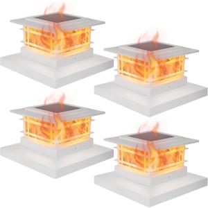 Dynaming 4 Pack Solar Post Cap Lights Outdoor with Flickering Flame Light, White Shell Fence Post Solar Lights Fit 4x4 5x5 Vinyl/Wooden Posts, Brightness LED Lighting Decor for Garden Deck Patio