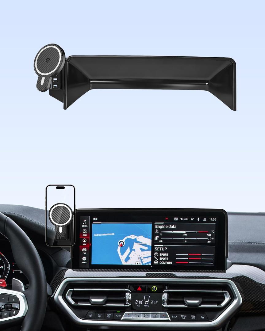 PZK Car Phone Holder for BMW X3 2022-2024/ BMW X4 2022-2024 2025 Accessories 12.3-Inch Screen Fixed Clip Magnetic 15W Fast Wireless Charger Phone Mount With Sunglasses Storage Box (Not Fit 10.25-Inch)