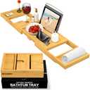 Bathtub Tray Caddy - Premium Bamboo Expandable Bath Tub Tray Table, Luxurious Wooden Bath Caddy for Books, Tablets, Wine, Bathroom Accessories, Spa Essentials, Housewarming, Wedding