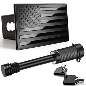 American Flag Metal Trailer Hitch Cover for 2 inch Receivers（with 5/8-Inch Pin Diameter Trailer Hitch Lock ） (Black)