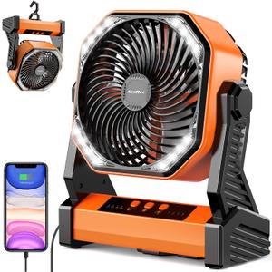 20000mAh Battery Powered Camping Fan, 58Hrs Rechargeable Portable Fan, 400LM Light, 360 Hook, Whisper Quiet Battery Operated Fan for Outdoor Car Travel Gear Essentials Power Outages Co-brand AMACOOL