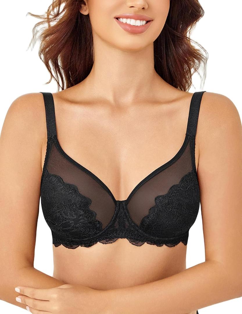 Avidlove Bras for Women Lace Minimizer Bra Full Coverage Mesh Underwire Bra with Centering Cups Sexy Unlined Brasieres (Black)