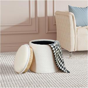 PINPLUS Round Storage Ottoman Boucle Ottoman with Tray, Teddy Velvet Footstool Cube for Living Room, Bedroom, Dorm 13.4"x13.4"x15" (White)