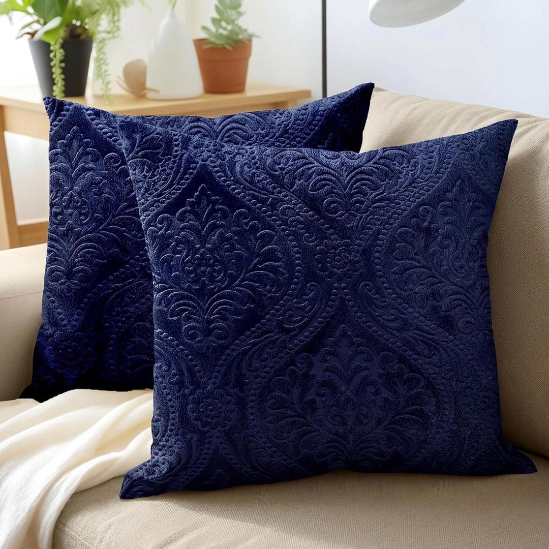 Encasa XO Luxury Embossed Velvet Throw Pillow Covers - Plush Cushion Covers for Elegant Living Rooms & Bedrooms, Machine Washable, 24"x24" Navy Blue | Set of 2 | Covers Only No Insert