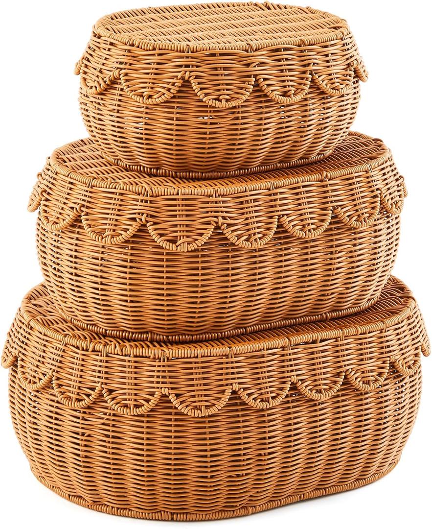 Juexica 3 Pcs Scalloped Rattan Baskets, Woven Rattan Wicker Storage Baskets with Lid for Nursery Storage Diaper Organizer Bathroom Decor (Dark Brown,Small,Medium,Large)