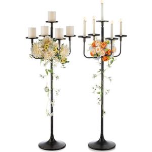 Romadedi Candelabra Tall Candle Holder - 47 inch Floor Candle Holders for Pillar Candles, Candlestick Holders Centerpiece for Home Living Room Decor, French Country, Vintage, Rustic, 2 pcs (Gold & Black)