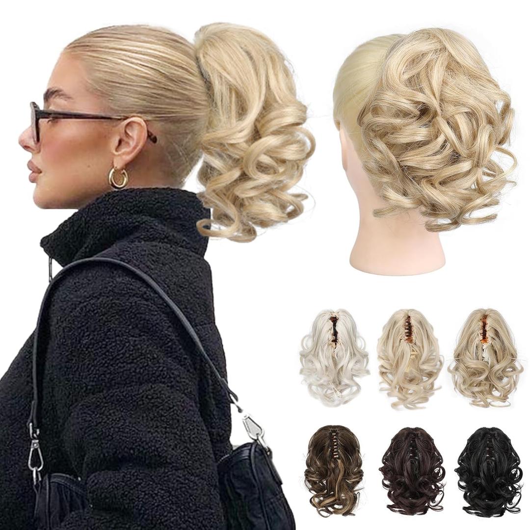 REECHO 9" Short Ponytail Extension, Classic Loose Curly Wavy Claw Clip Pony tails Hair Extensions HP001 Hairpieces for Women - Medium Blonde