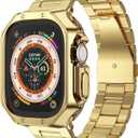 Compatible with Apple Watch Ultra 3/2/1 Band and Case, Stainless Steel Metal Chain with TPU Cover, Smart-Watch Link Bracelet Strap for men, Wrist-Band for i-Watch Ultra, 49mm, Gold