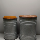 Glitzhome Rustic End Table Set of 2, Farmhouse Galvanized Metal Barrel Ottoman Storage Stool with Round Wood Lid for Living Room Furniture, Grey