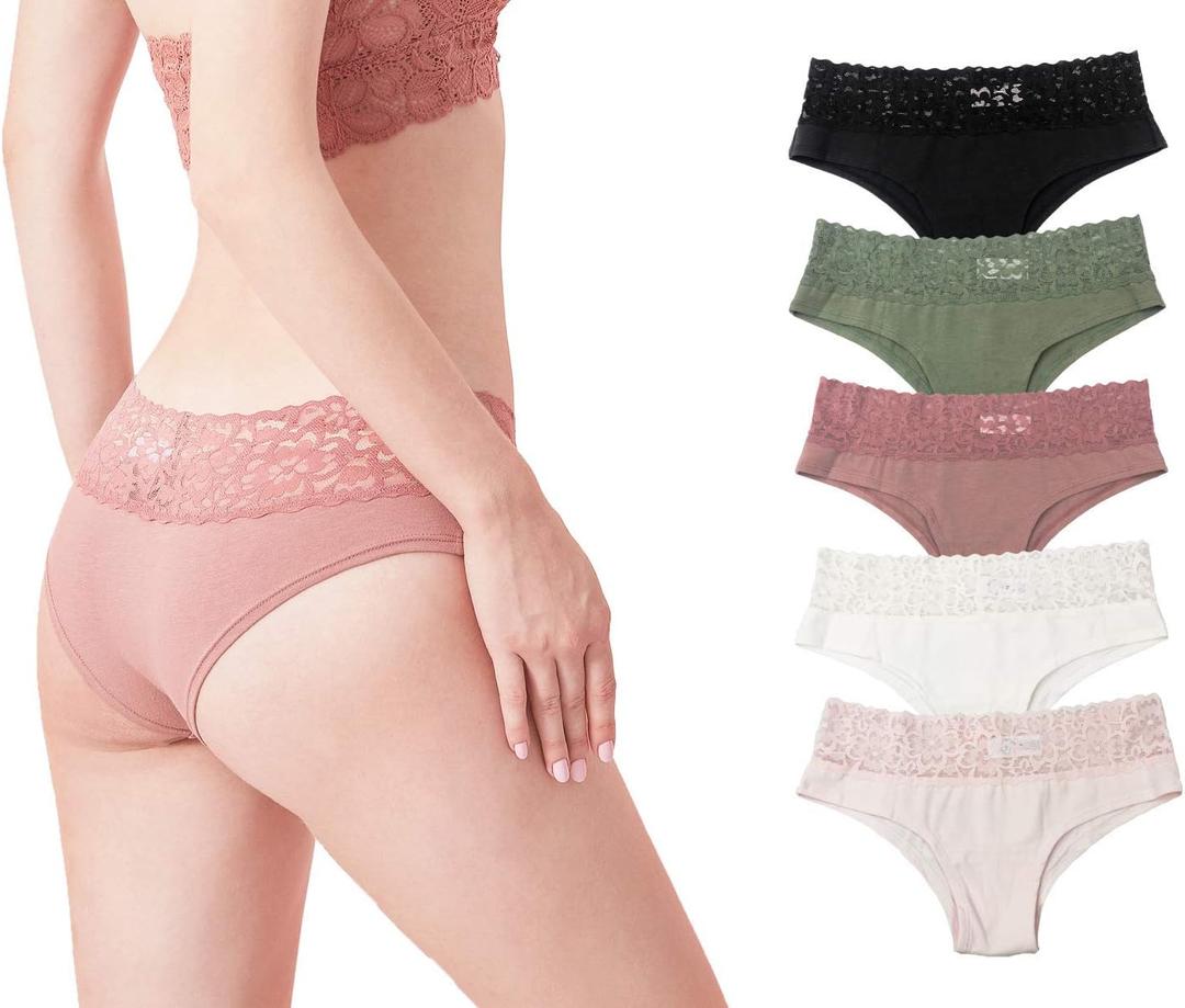 Luna & Sun Women Soft Stretch Sexy Hipster Bikini Panties Underwear with Lace (Black, Light Pink, Dark Orange, Camo Green, Ivory (5pcs)