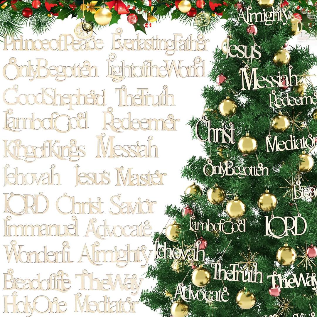 Soulchen 24 Pcs Names of Jesus Advent Christ Christmas Hanging Ornaments Bulk with Rope Wood Religious Ornaments with Savior Names for Christmas Tree Decoration