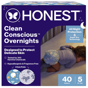 The Honest Company Comfort Dry Overnight Diapers, Up to 12 Hours Protection, Hypoallergenic, Cozy Cloud + Star Signs, Club Box Size 5 (27+ lbs)