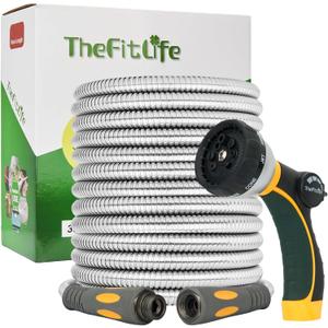 TheFitLife Flexible Metal Garden Hose - 50 FT Lightweight Stainless Steel Water Hose with Solid Fittings and Sprayer Nozzle - Leak Proof, Kink Free, Anti-rust, Large Diameter, Durable and Easy Storage