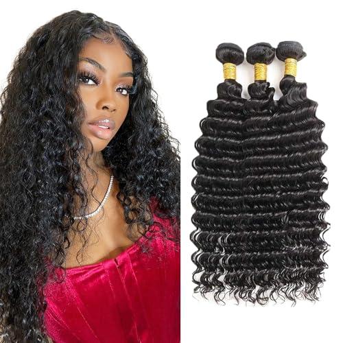 #1B Human Hair Bundles Natural Black Deep Wave Bundles 28 28 28 Inch Black Deep Wave Unprocessed Virgin Human Hair Extensions 50 Gram Per Bundle