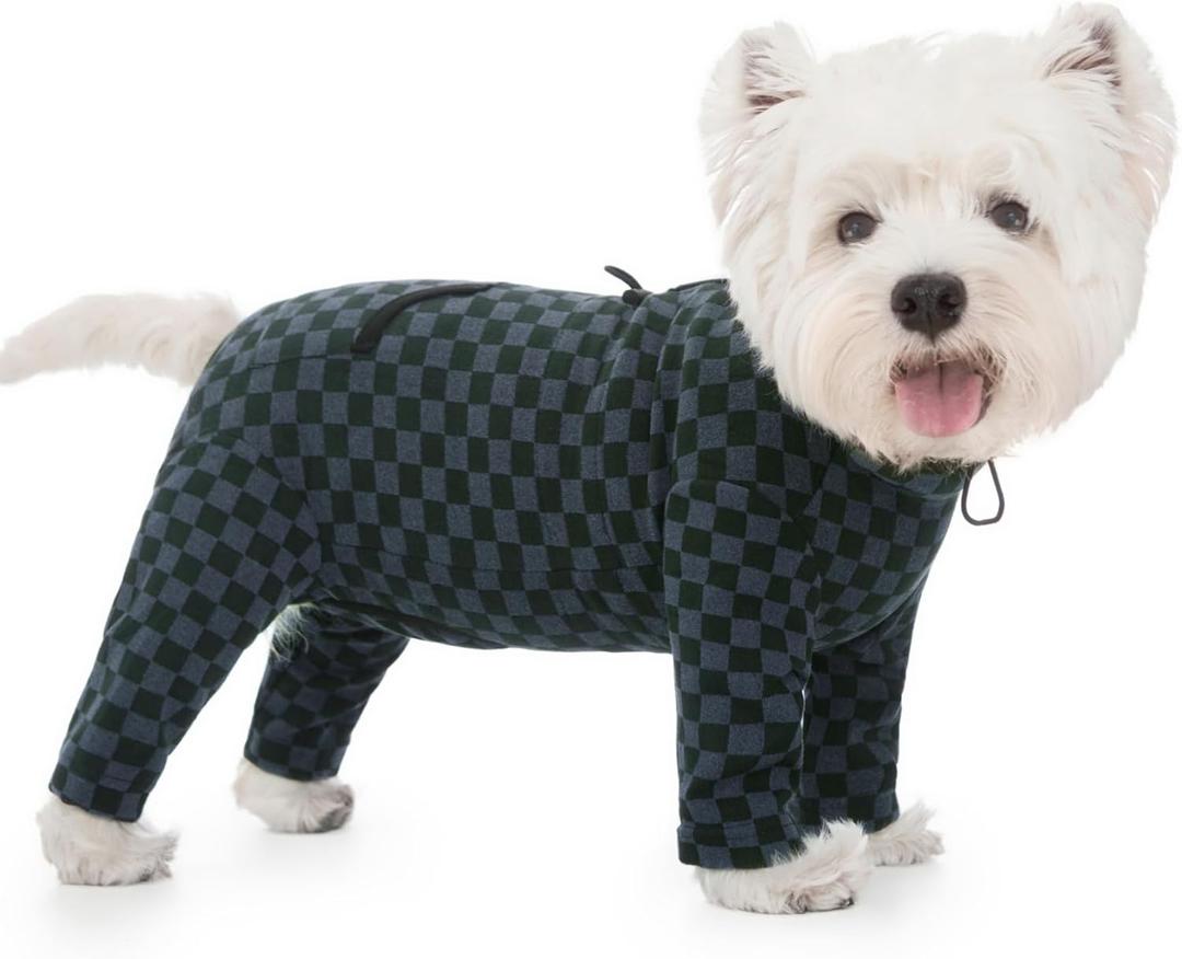 Dog Fleece Onesie for Cold Winter, Stretchy Dog Winter Bodysuit Adjustable Puppies Jumpsuit Doggie Pajamas Pet Clothes, Dark Green, 2X-Large