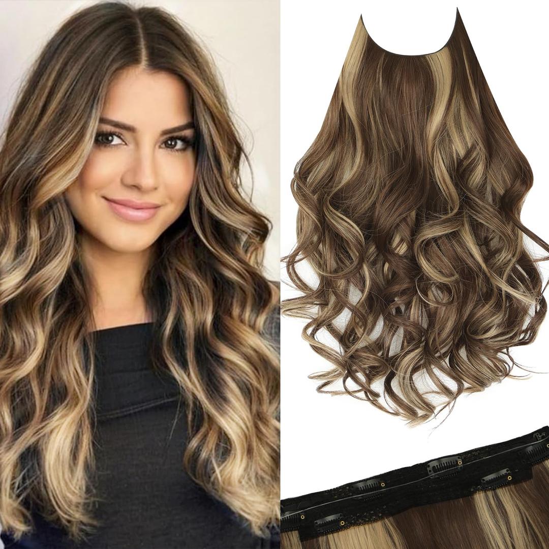 Vigorous Invisible Wire Hair Extensions 20 Inch Layered Synthetic Clip in Hair Extension with Transparent Wire Adjustable Size 6 Clips Thick Hairpieces for Women (Chocolate Brown to Caramel Blonde)