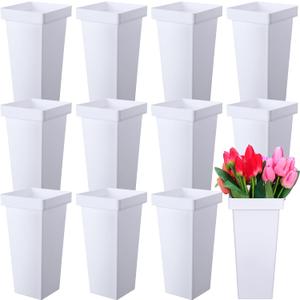 12 Pcs Flower Buckets 13.4 Inch Plastic Floral Bucket for Cut Flowers Modern Square Vases for Centerpieces Display Decorative Plastic Vases for Table Home Wedding Decorations (White)