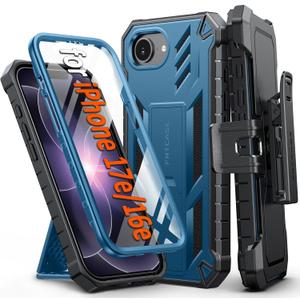 FNTCASE for iPhone 17e Phone Case: for iPhone 16e Casee Military Grade Rugged Case with Kickstand & Holster | Shockproof TPU Protection Bumper Matte Textured Design | Heavy Duty Protector Blue