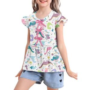 5-6 Years Cute Summer Tops Ruffle Sleeve Flowy Babydoll Blouse Button up Shirt Stripe Checkered Butterfly Tie Shirts, M