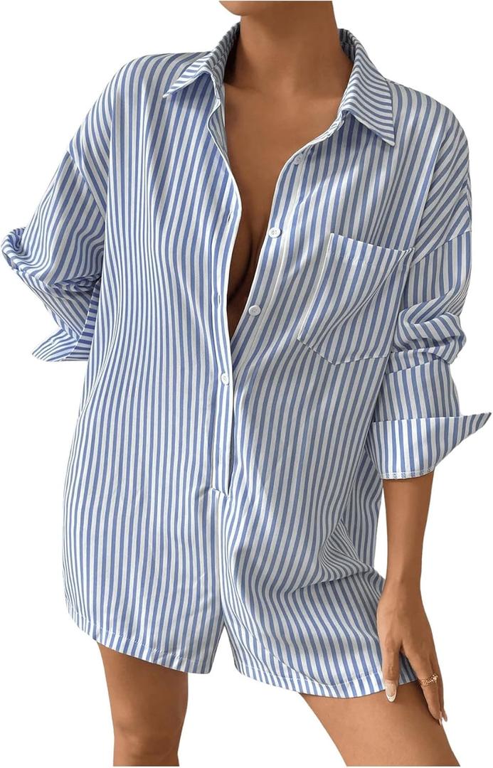 Floerns Women's Solid Button Down Long Sleeve Drop Shoulder Shirt Short Romper (Large, Light Blue)
