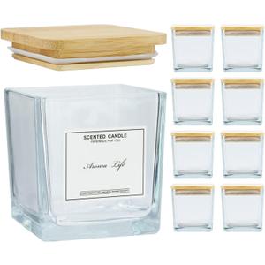 Creahaus 9-Pack Thick Glass Square Candle Jars with Bamboo Lids - 10oz Capacity with Warning Labels - DIY Candle Vessels