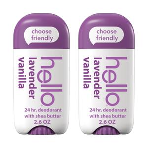 hello Lavender Vanilla Aluminum Free Deodorant for Women and Men with Shea Butter, 24Hour Freshness, Baking Soda Free Deodorant, Dermatologically Tested, 2.6 oz Stick (2 Pack)
