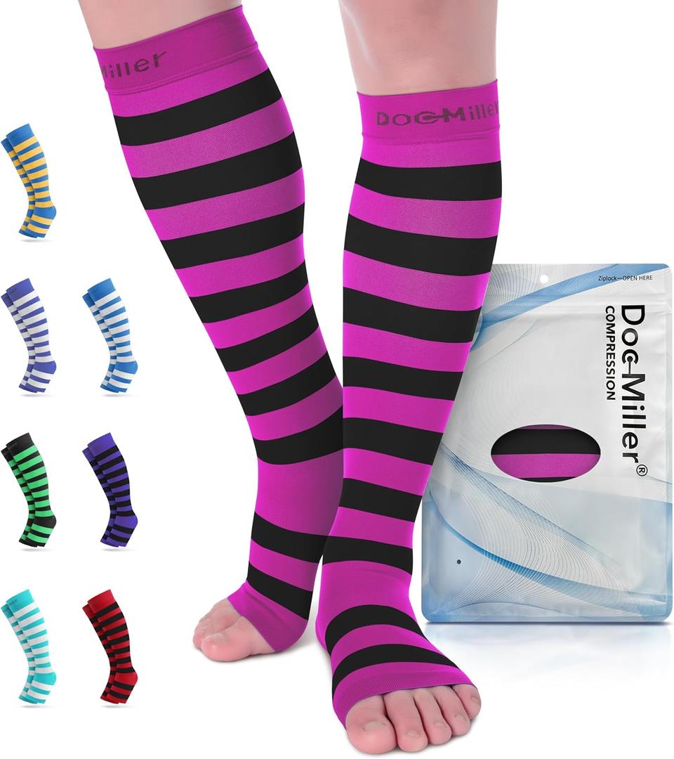 Doc Miller Compression Socks for Pregnant Women  Wide Calf, Open Toe Knee Sleeve 15-20 mmHG,Toeless Pregnancy Stockings for Varicose Veins, Footless Shin Splint Relief, 1 Pair (X-Large, Pink-Black)