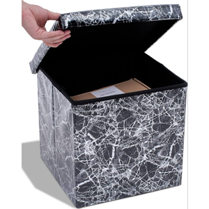 Dawhud Direct Footstool with Storage - Elegant Black Marble Look, 15x15x15 inches - Space-Saving Ottomans with Storage and Extra Seating - Ideal for Clothes, Living Room, Bedroom, Dorm