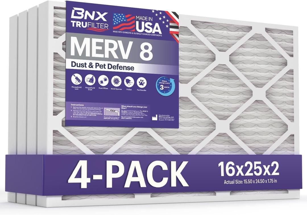 BNX TruFilter 16x25x2 Air Filter MERV 8 (4-Pack) - MADE IN USA  Dust & Pet Defense Electrostatic Pleated Air Conditioner HVAC AC Furnace Filters for Dust, Pet, Mold, Pollen MPR 600  700 & FPR 5