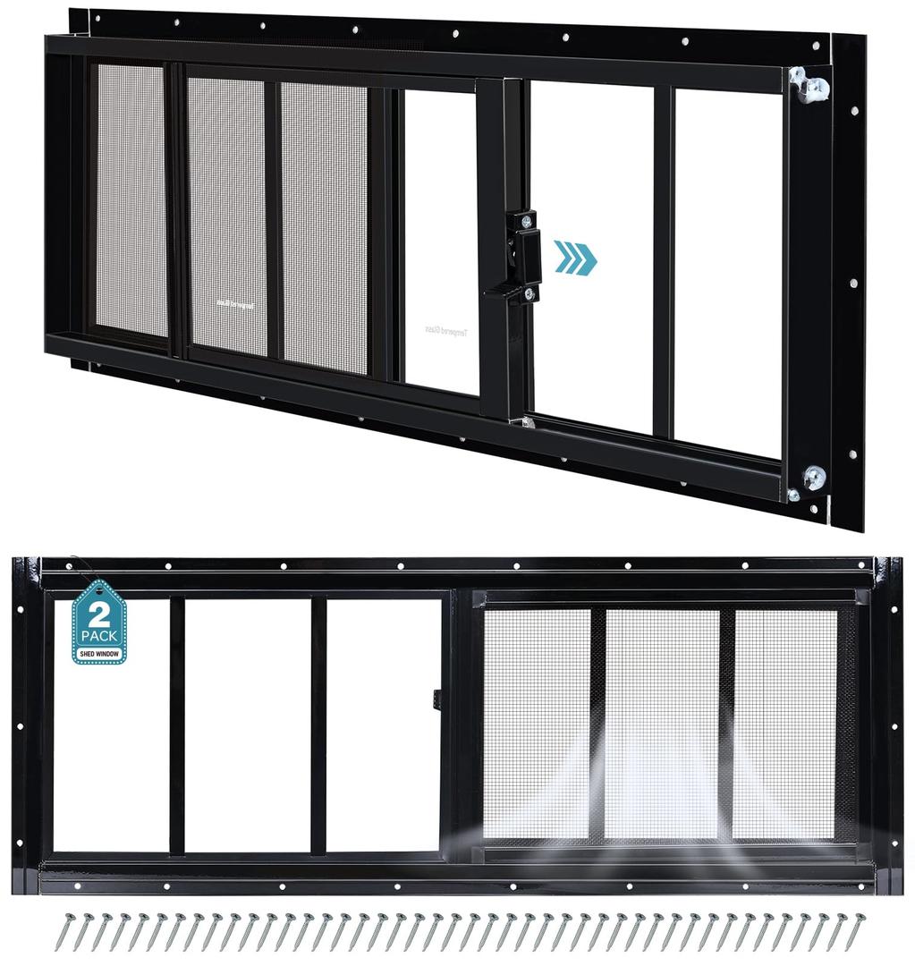 Melkus Shed Windows 12"x36" 2 Pack, Upgraded Sliding Transom Window with Tempered Glass and Screen for Shed, Chicken Coop, Barn, Greenhouse, Garage, Playhouse, Storage Room, Black