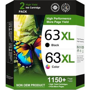 GREENBOX 63 Ink Cartridges Combo Pack Replacement for HP 63 63 Ink Cartridge Black and Color for Envy 4512 4520 Officejet 3830 4650 5255 Deskjet 1112 3634 3632 3639 Printer Ink 63, 2 Pack 63 Ink