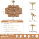 23.6" Rattan Light Fixtures Ceiling Mount, 6-Light Boho Flush Mount Ceiling Light with 3-Tier Hand-Woven Drum Shade, Rustic Rattan Chandelier for Dining Room Living Room Kitchen Island Farmhouse Foyer
