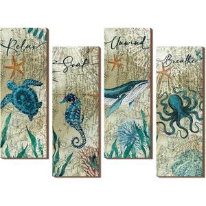 Qunclay 4 Pieces Beach Bathroom Decor Wall Sign Ocean Decor Sea Turtle Wall Art Nautical Bathroom Pictures Coastal Octopus Wood Sign Bedroom Art Teal Accessories Kitchen Home Decorations