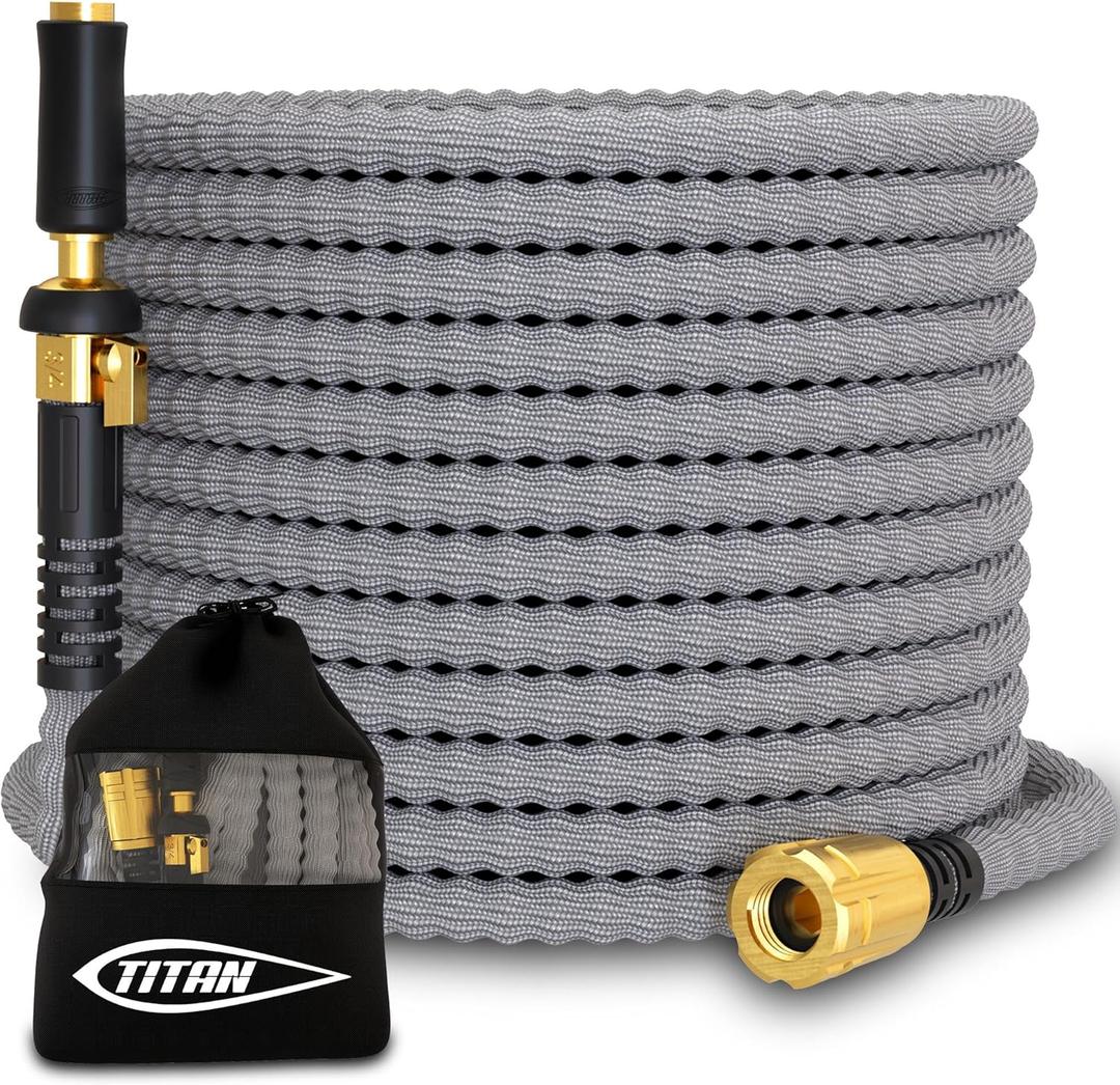 TITAN Garden Hose 30FT | NON-EXPANDING Durable, Flexible, Ultra Lightweight, Extra Strength Fabric Hybrid Water Hose, Heavy Duty Brass Connectors, With Jet Nozzle For Home, Marine, RV (Gray)