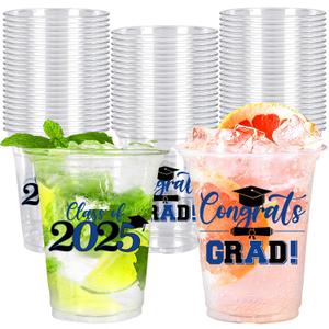 Whaline 50Pcs 12oz Graduation Disposable Cup Class of 2025 Plastic Party Cup Black Blue Congrats Grad Clear Glasses for Drink Party Tableware Decor Supplies
