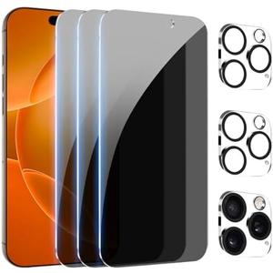 PEHAEL 3+3Pack for iPhone 16 Pro Max Privacy Screen Protector with Camera Lens Protector Full Coverage Anti-Spy Tempered Glass Film 9H Hardness Easy Installation Bubble Free [6.9 inch]
