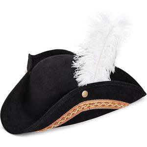 Juvale Adult Tricorn Pirate Hat with Feather for Halloween Outfit - Black Pirate Hat for Colonial Revolutionary History Theme Birthday & Halloween Party Costume 15 x13 x 3.5 In