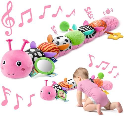 Baby Toys 0-6 6-12 Months,Music Caterpillar Plush Toy with Baby Mirror, Pull String&Crinkle Rattle,Infant Sensory Toys,Tummy Time for 0-3-6-12 Month Boys Girls Newborn Gifts (Pink-Leaf)