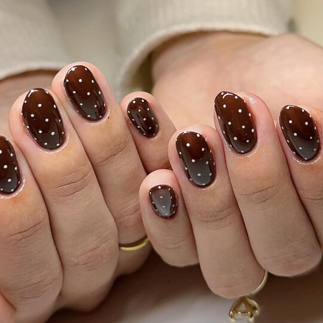 Brown Press on Nails Polka Dots Fake Nails Short Oval Fall Winter Nails Press ons with Design Full Cover Stick on Nails for Women Manicure,Reusable | Artificial | Nail Sticky Tabs | Easy Apply | 24Pcs (Style-38)