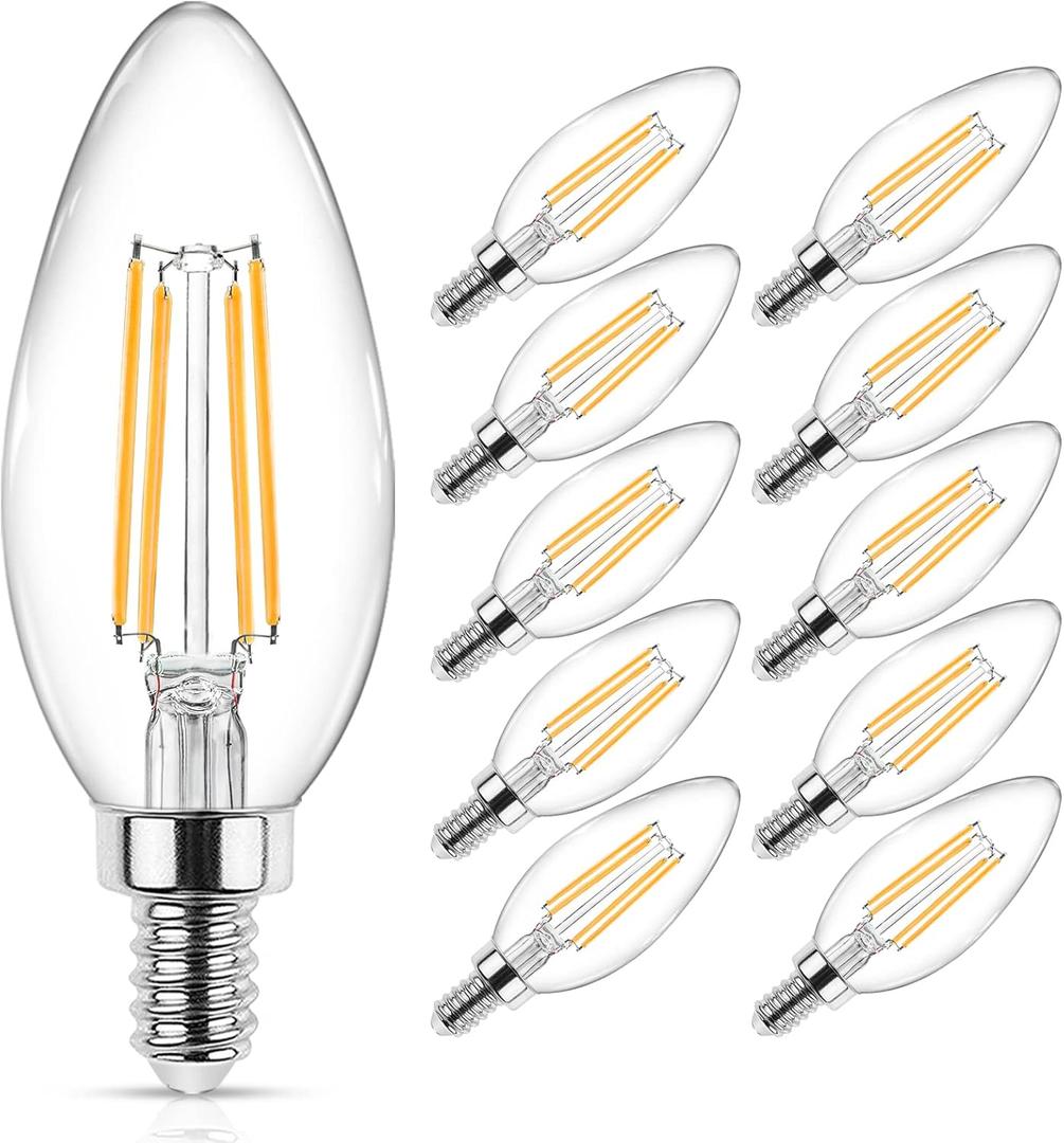 Ascher E12 Candelabra LED Light Bulbs 60 Watt Equivalent, Warm White 2700K, Non-Dimmable, 550 Lumen, Clear LED Filament Candle Bulbs, Pack of 10