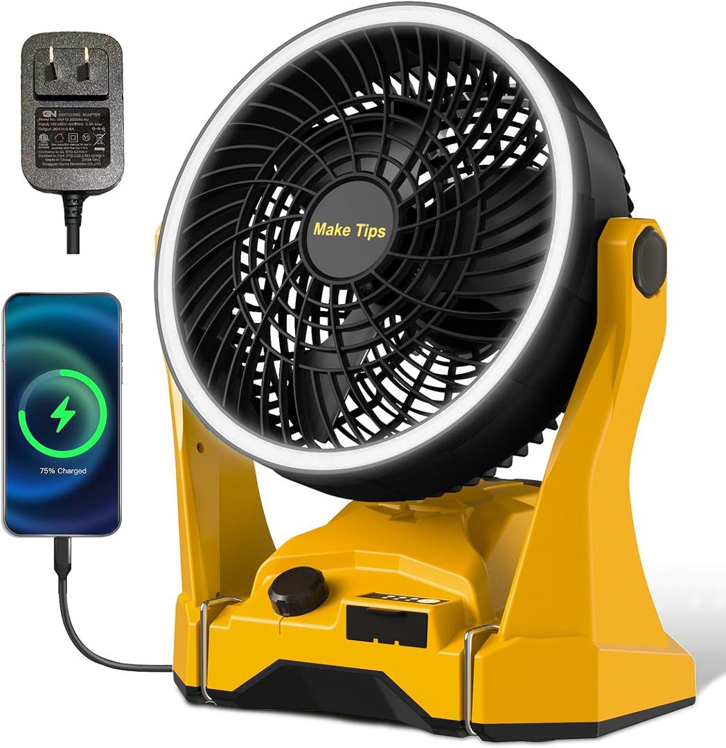 Fan for DeWalt 20V Max Battery, Portable Jobsite Camping Fan with Infinite Speed Control, 3-Level Ring Light, USB-C and USB Charging, Hook, Handle, 180 Tilt for Outdoor Use, Battery Not Included