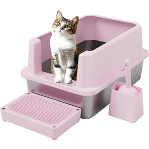 RIZZARI Large Cat Litter Box: Pink Heavy-Duty 304 Stainless Steel Open Pan - High Sides Prevent Leaks - Odor-Free & Easy Clean - Teflon Non-Stick Coating - Ideal for Big Cats in Apartments & Bathrooms
