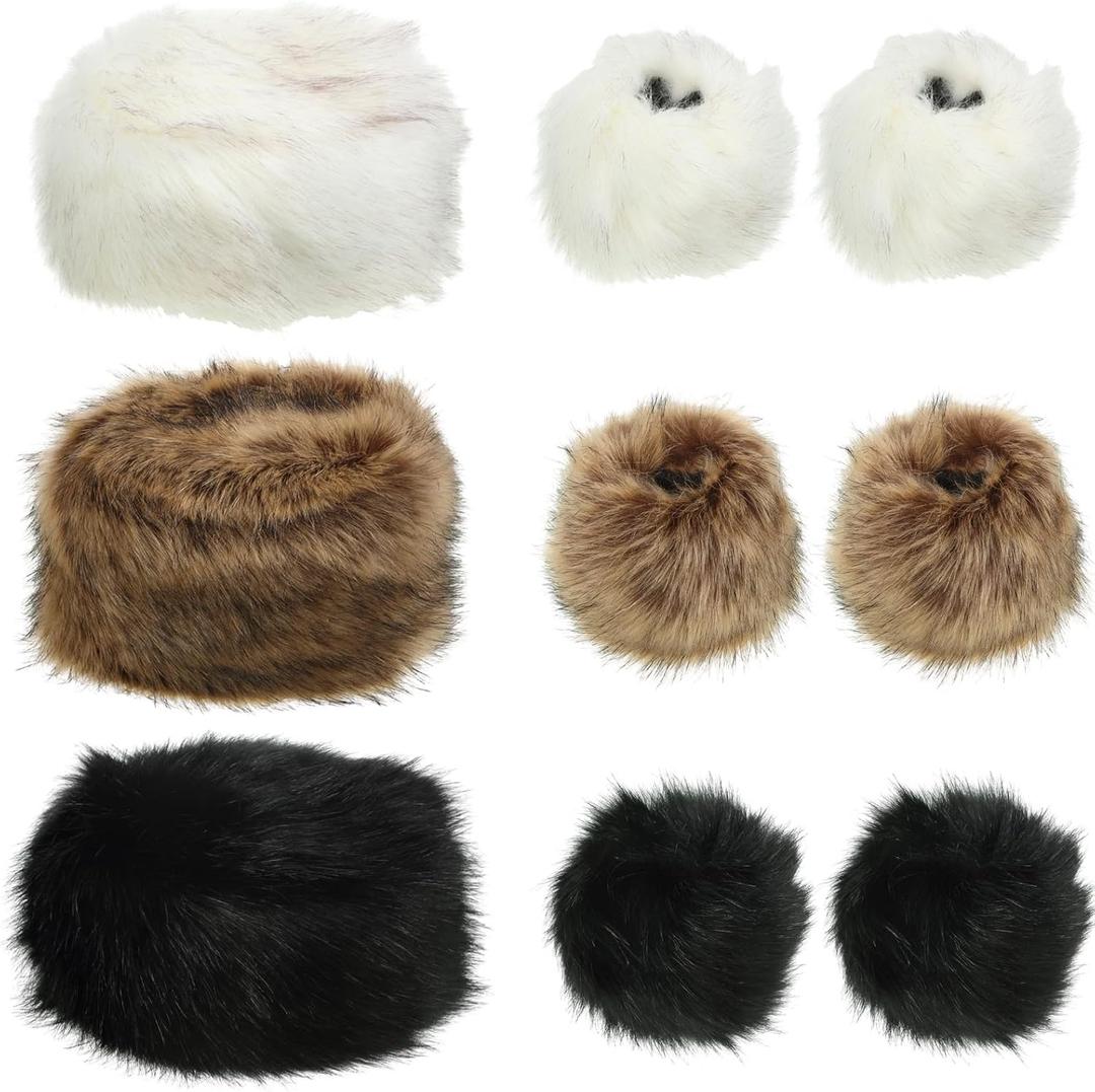 Liitrsh 3 Pcs Women's Faux Fur Hat and 3 Pairs Wrist Cuffs Russian Style Warm Cap Furry Bands Arm Warmer for Gift Daily Wear (White, Black, Brown)
