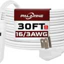 Flat Plug Extension Cord with 3 Outlets Extender, Indoor Extension Cord Flat Plug Power Strip 16 Gauge 30FT White 3 Prong, 16/3 SPT-3 13A, UL Listed