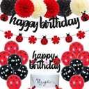 Ladybug Birthday Decorations Ladybird Happy Birthday Banner Ladybeetle Cake Topper Black Red Latex Balloon Pom Pom Flowers for Ladybug Theme Bday Party Supplies