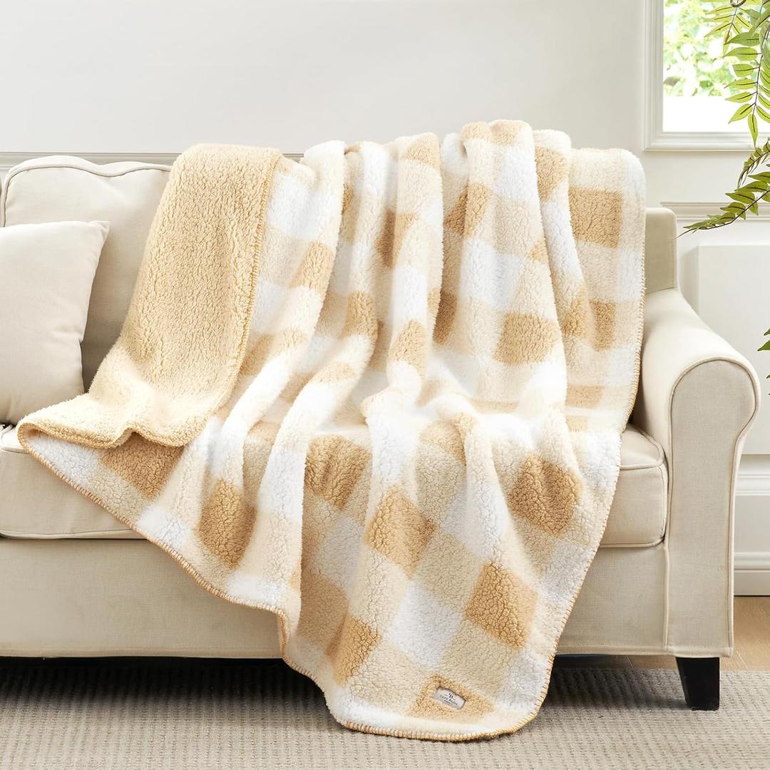 Cozy Bliss Luxury Sherpa Throw Blanket for Couch, Premium Reversible Buffalo Plaid Thick Throw, Warm Cozy Soft Blanket for Home and Gifts (Beige, 50" x 60")