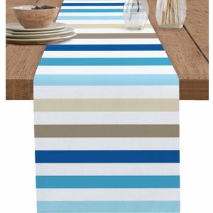 Stripes Table Runner 13x72 inch, Blue Brown Farmhouse Striped Dinning Table Runner for Farmhouse Wedding Party Barbecue Table Decor