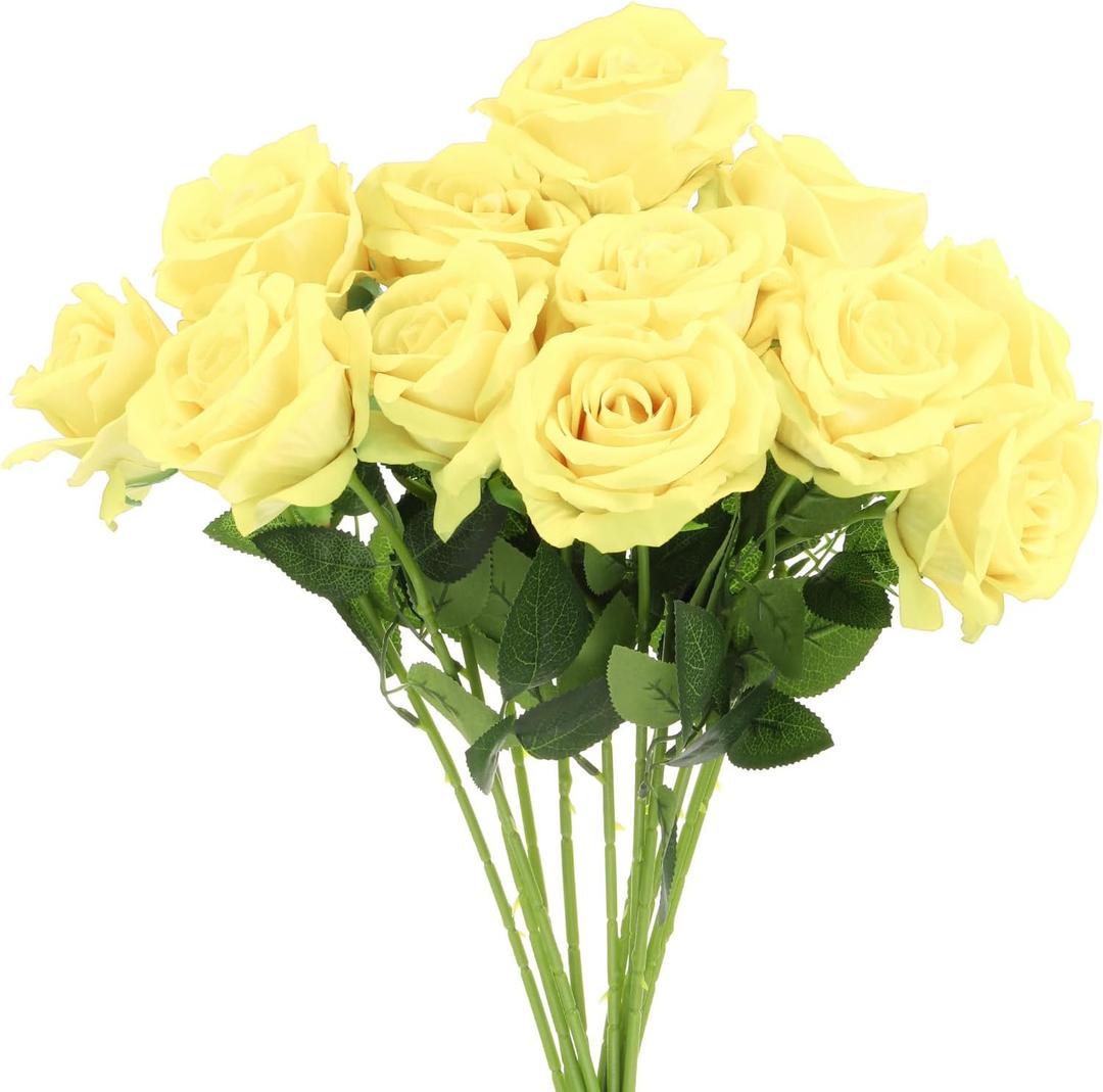 uxcell 12 Pcs Pale Yellow Roses Artificial Flowers, Velvet Rose Real Touch Fake Roses with Stems for Home Decor Wedding Bouquet Hotel Office Decor
