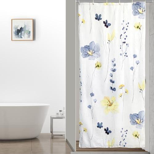 QiyI Small Stall Shower Curtain 36 x 72, Narrow Half Watercolor Floral Bath Curtain, 3D Embossed Blue Yellow Flower Cloth Bathroom Curtain, Waterproof Fabric White Shower Curtain Set with Hooks